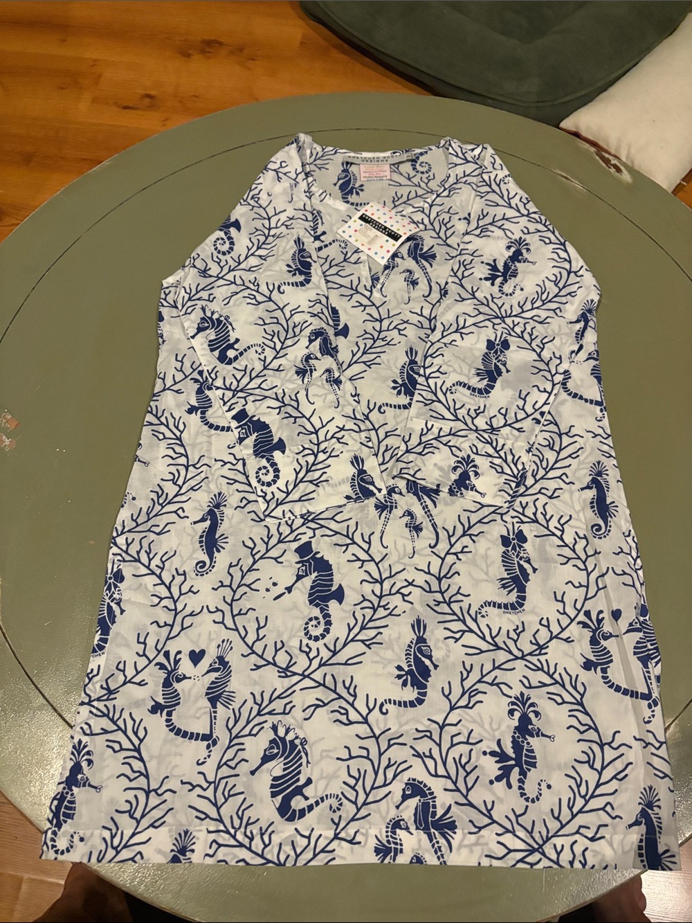 Gretchen Scott Designs White Dress with Navy Seahorse Pattern